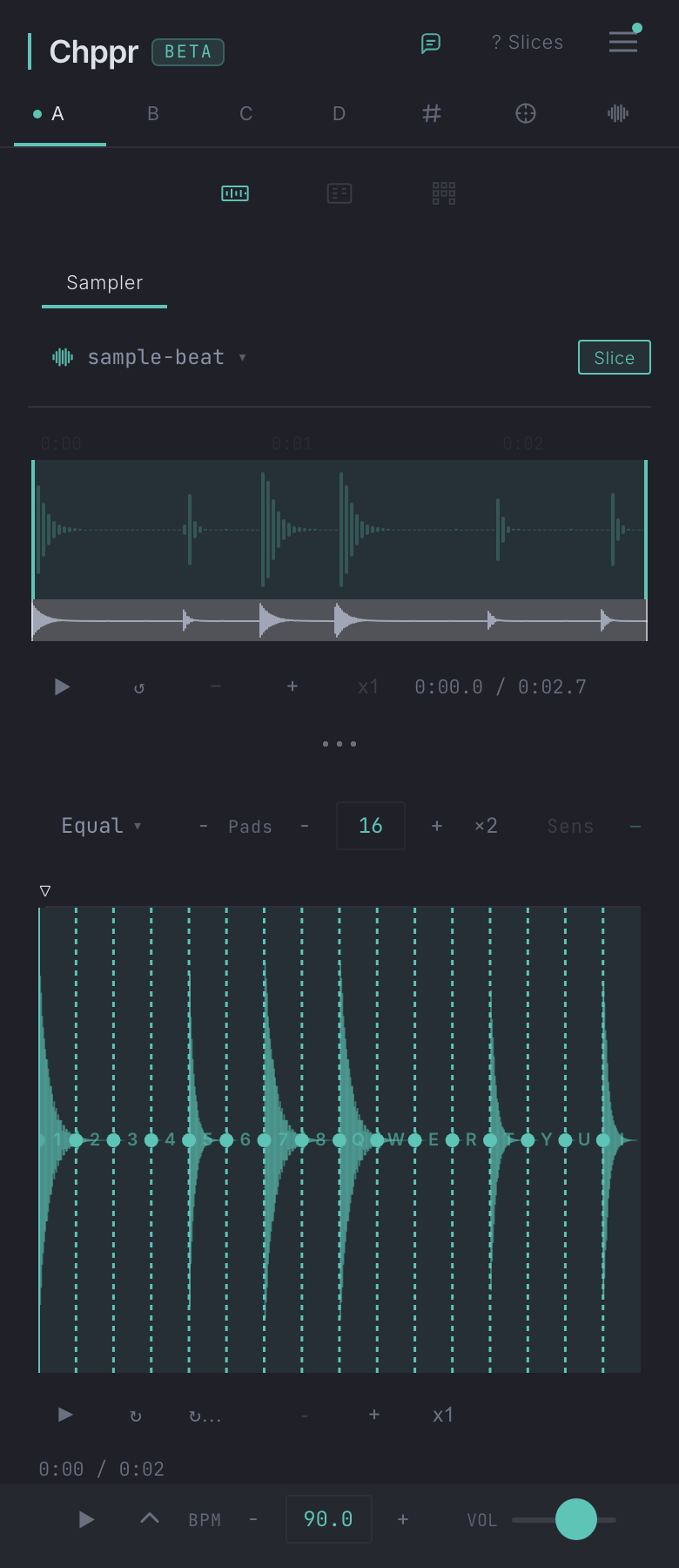 Chppr mobile sample chopper in a phone-width browser with a sample beat sliced into pads