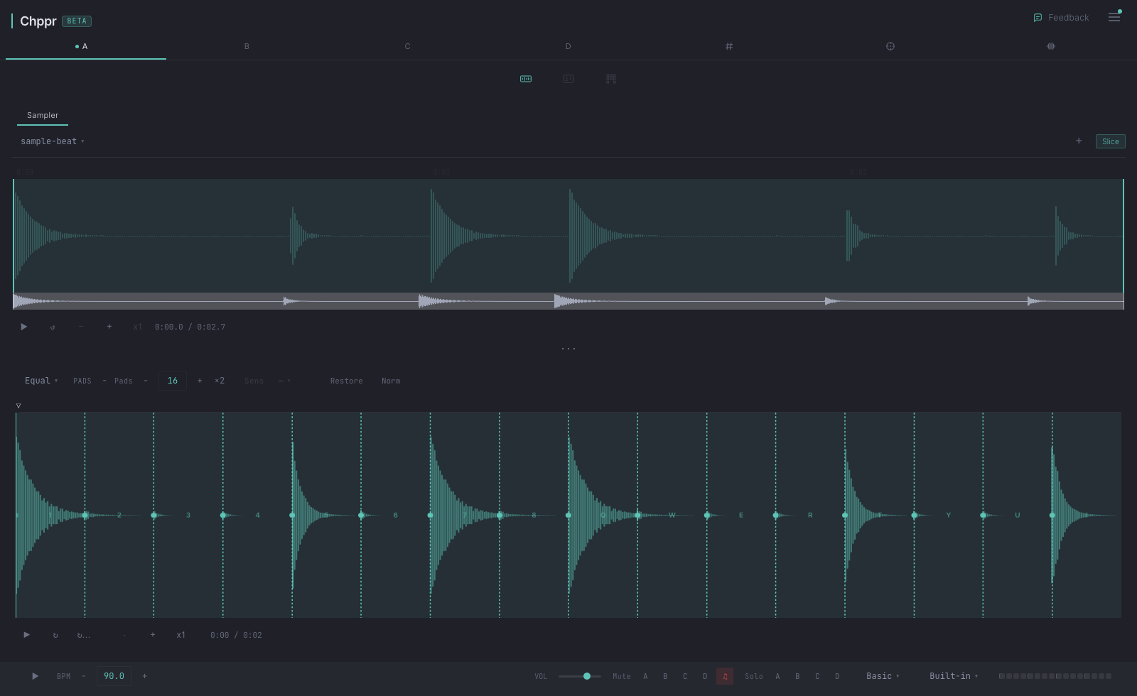 Chppr sampler screen with imported audio chopped into playable pads
